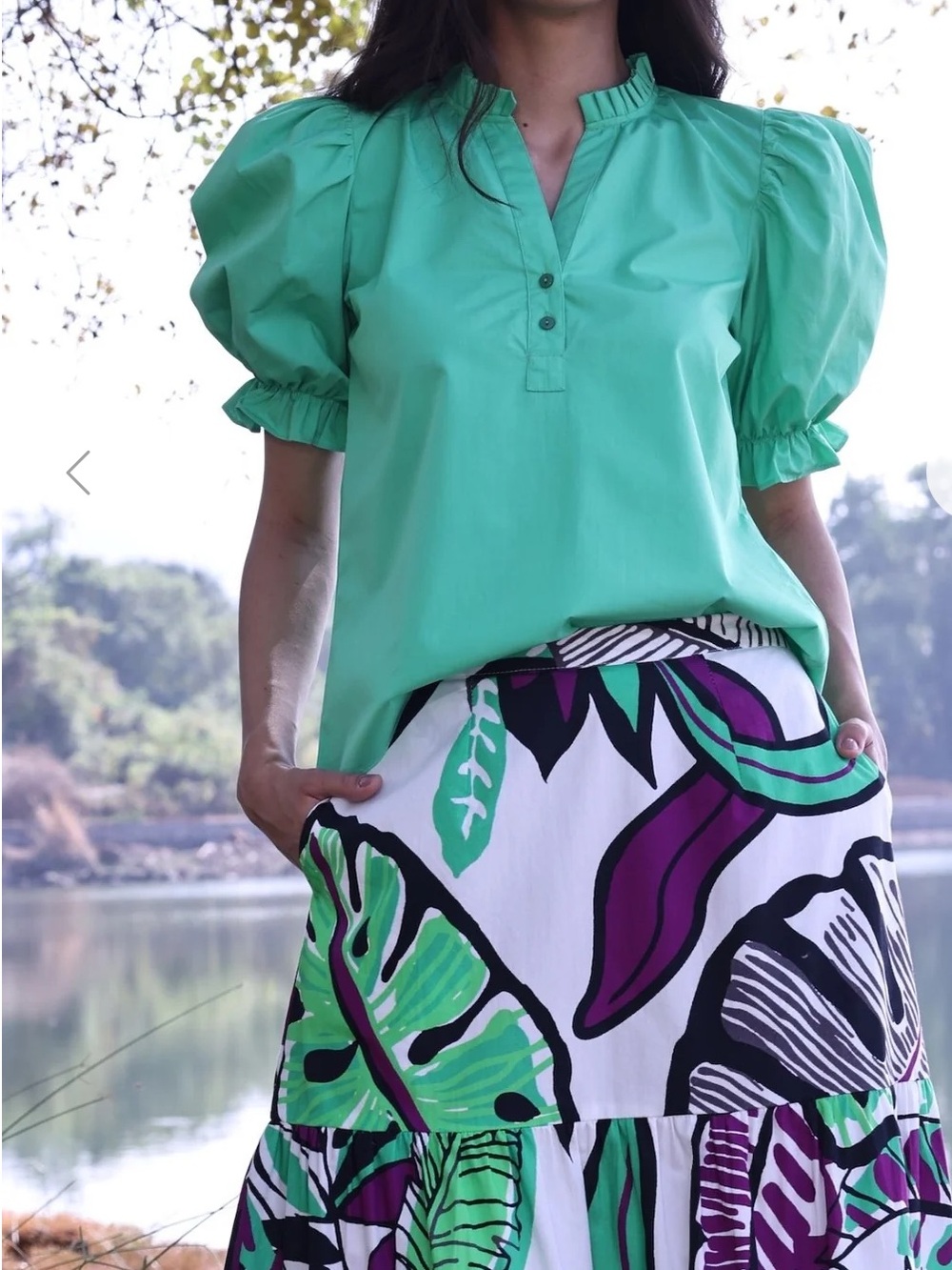 Maude Vivante  puff sleeve “Isla” top in Jade